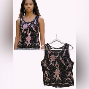 Vintage 90s Y2K Beaded Floral Mesh Top – Pink Sequin Embellished
